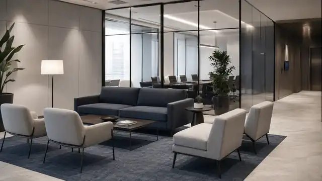 Sala de espera corporativa moderna con sillones y oficina vidriada