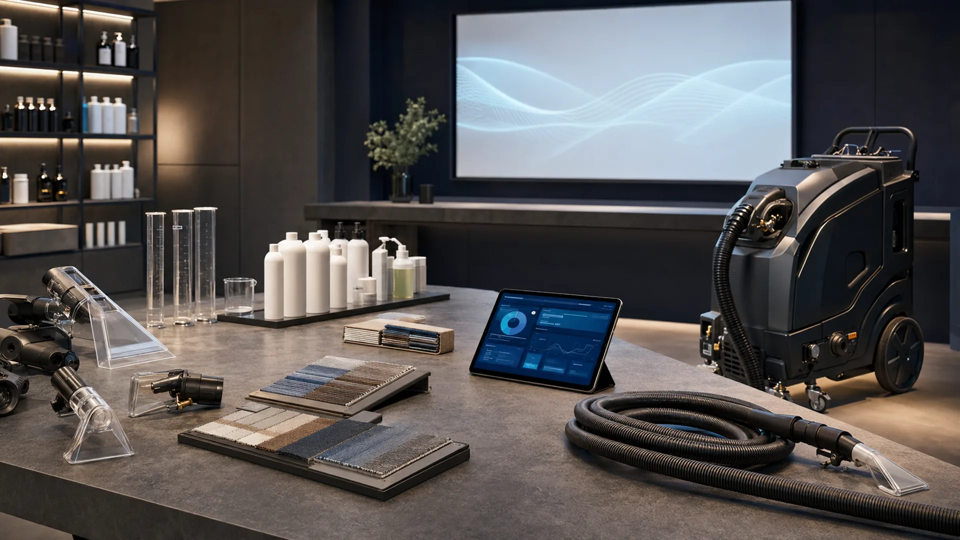 Estudio técnico con equipos y productos para limpieza profesional de tapizados